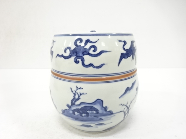  巽窯造　染付　山水雲鶴銅〆　水指